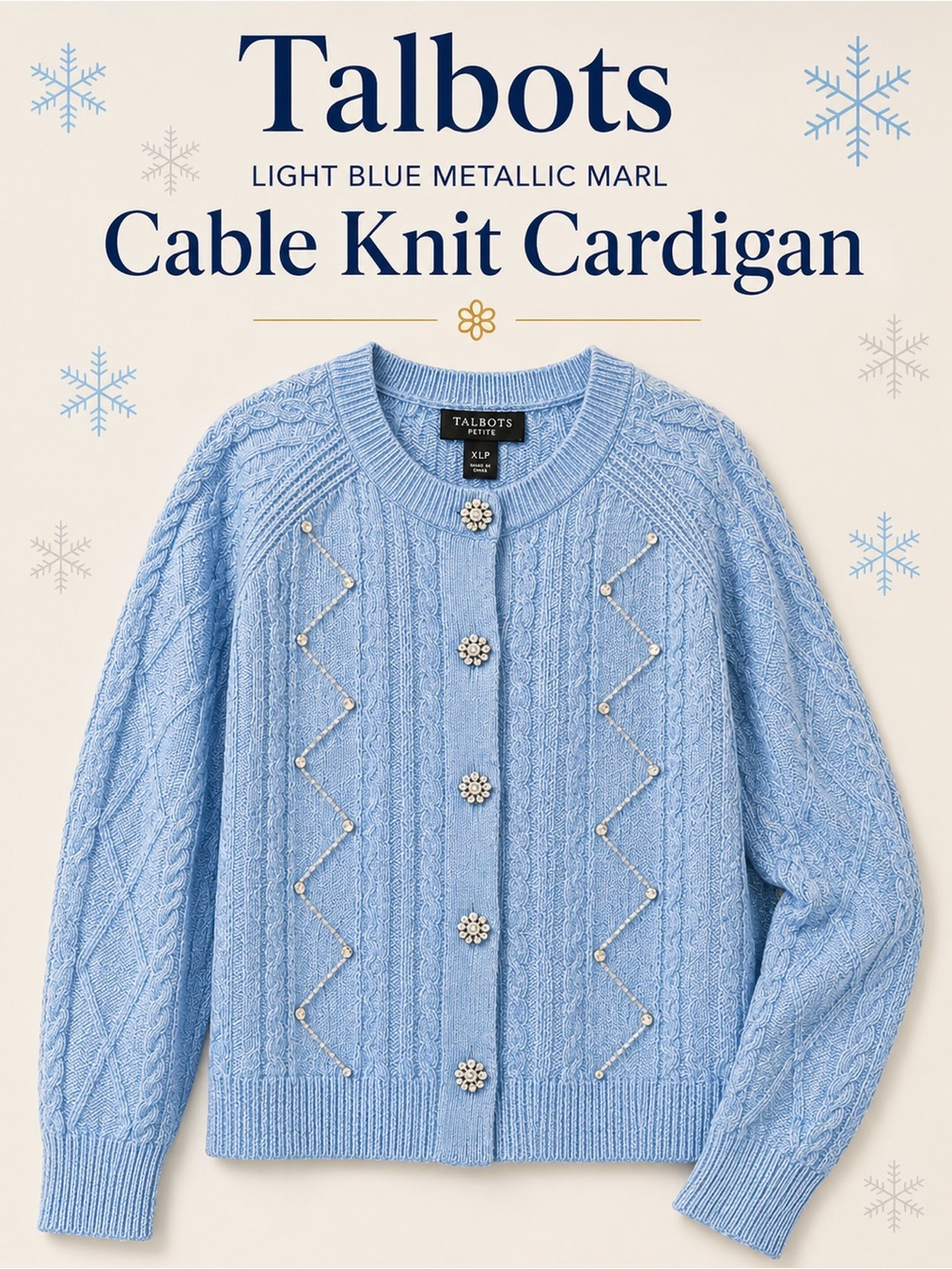 Talbots Light Blue Metallic Marl Cable Knit Cardigan Rhinestone Buttons Size PXL